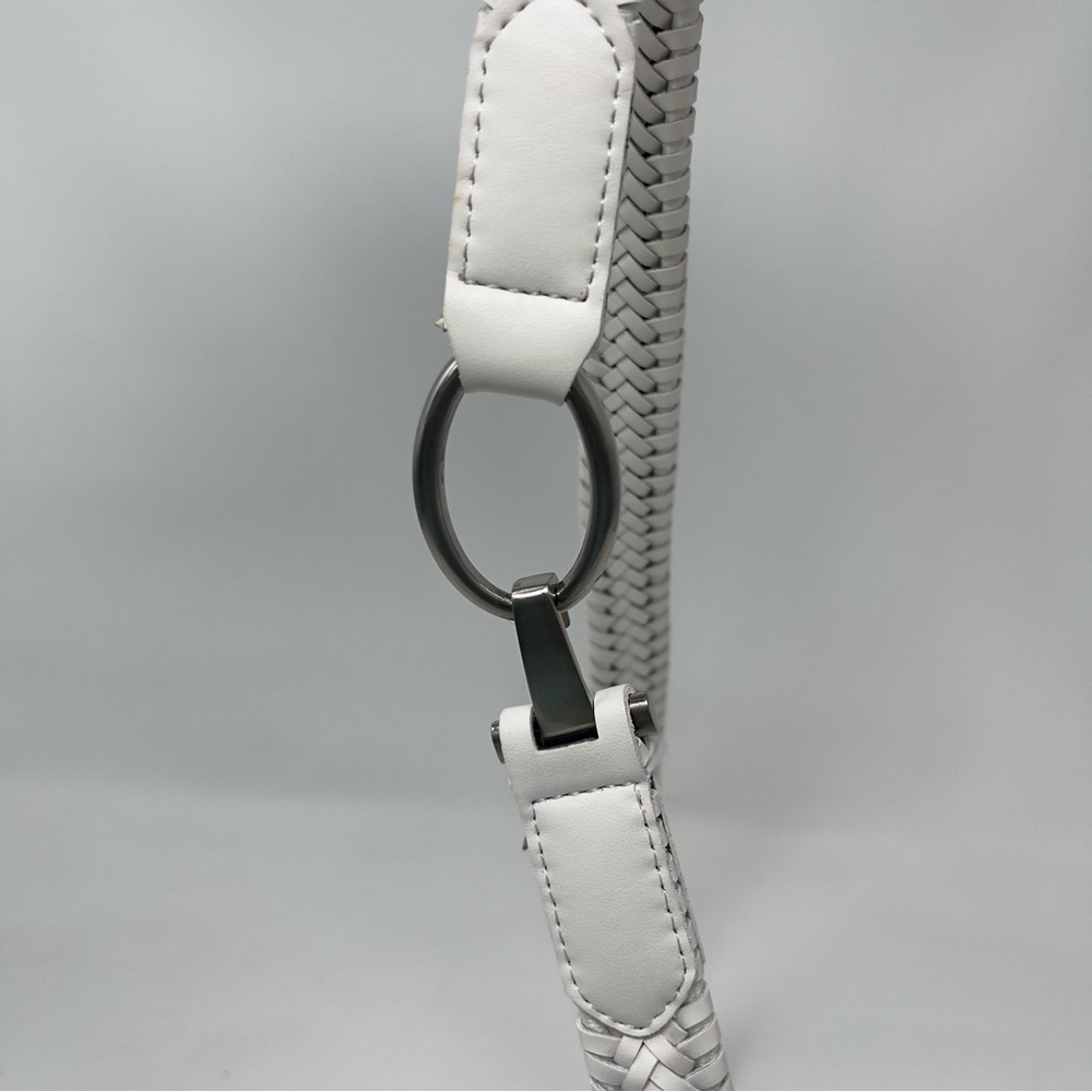 Vintage White Braided Leather Belt Silver Ring Buckle, Minimalist - Picture 2 of 5
